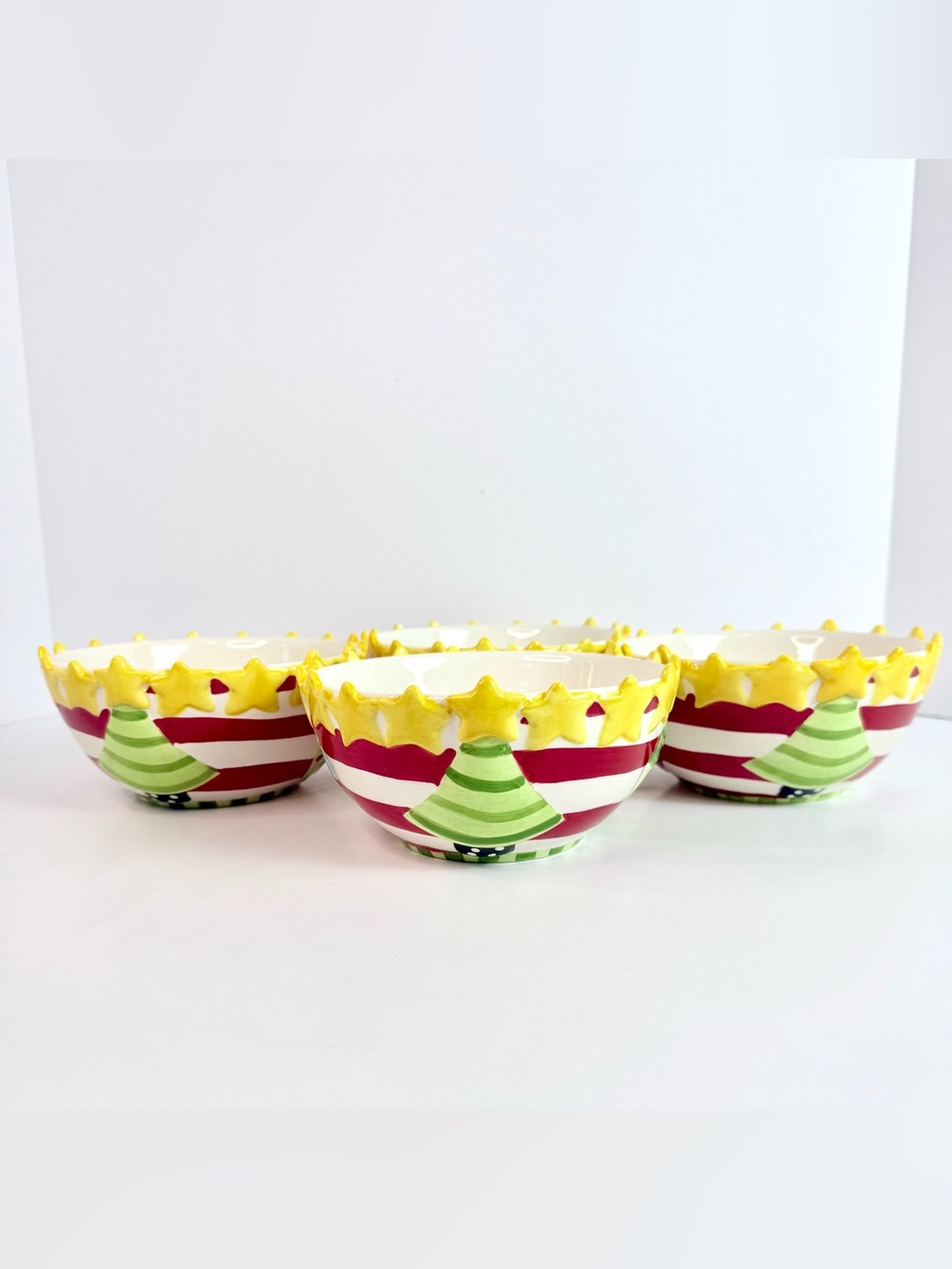 4 NEW Becca Signature Collection Home ETC Christmas red stripe Bowl 3d Tree Gift